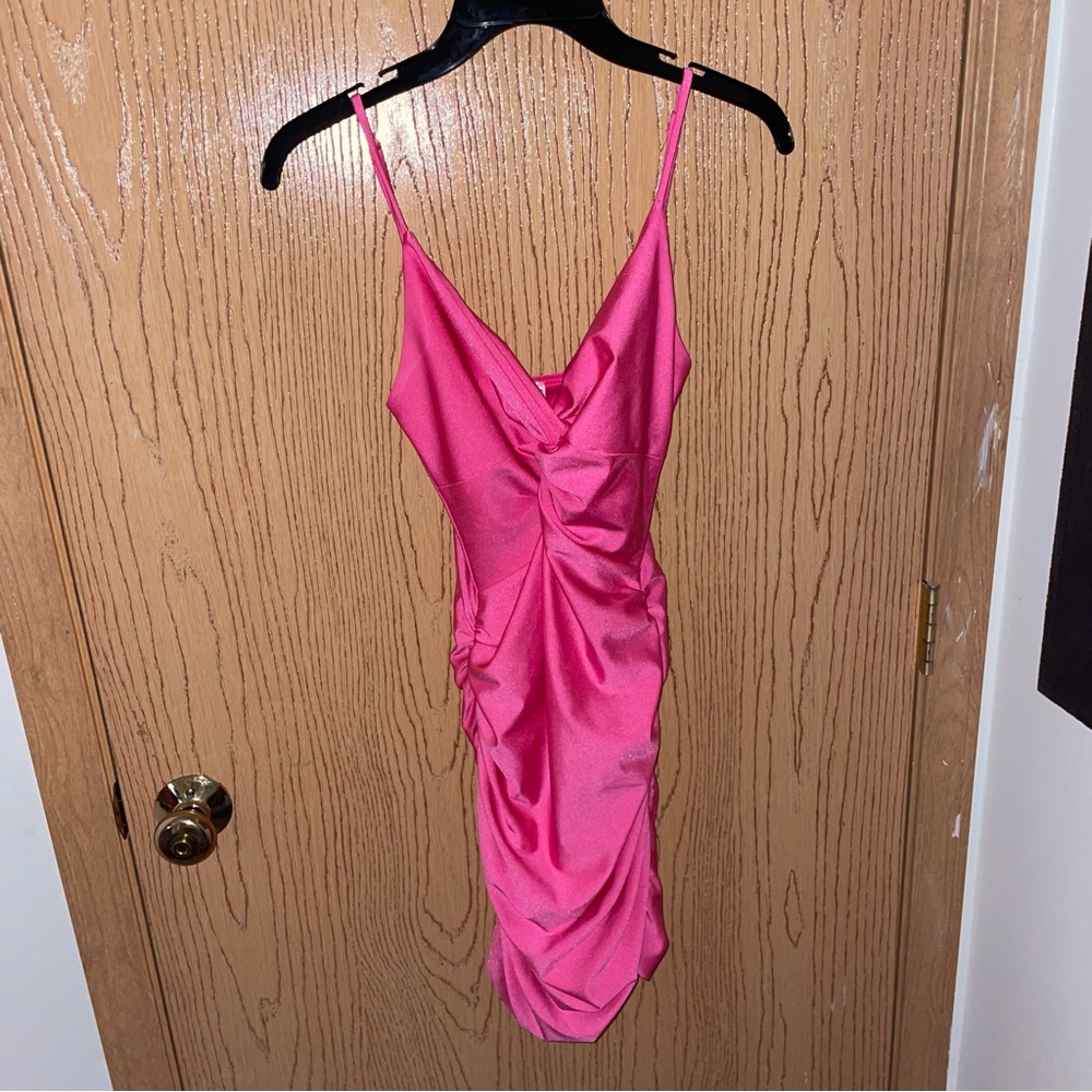 Lucy in the Sky Pink Ruched Bodycon Mini Dress - Picture 2 of 7